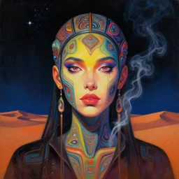 colorful character portrait of a woman in a dark desert lit by the stars, wispy smoke, highly detailed face, very intricate, symmetrical, cinematic lighting, award - winning epic painting, painted by mandy jurgens, pan futurism, lumion render, dystopian, bold colors, dark vibes, cyberpunk, groovy vibe, anime aesthetic, featured on artstation