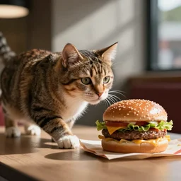 Cat entering McDonald's and ordering a Hamburger, 40nm lens, shallow depth of field,