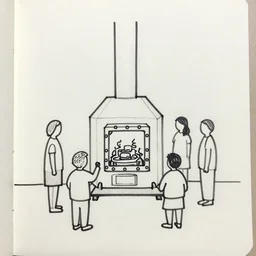 line drawing of a furnace with people around it, pen on paper simple drawing by a 1 0 year old