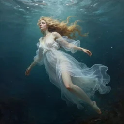 breathtakingly detailed concept art painting portrait of goddess sinking under the sea, blond hair in white sheer dress, orthodox saint, full body, gorgeous background, by hsiao - ron cheng, very moody lighting, 8 k