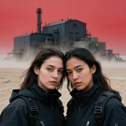 photographic portrait shot on cinestill 5 0 d of two loving clones, techwear women on a desolate plain with a red sky, closeup, diverse race, in front of a brutalist dark metal facility, dust storm, 3 5 mm, 8 k, depth of field, high resolution, ultra realistic faces