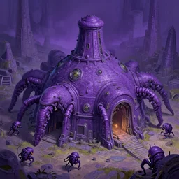 a Zerg base by Van Gogh , creep, zerglings, purple, hatchery, overlords, detailed, vibrant, creep, trending on art station, smooth, detailed,