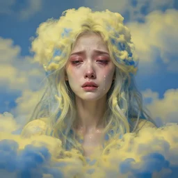 crying!!!!!! woman!!, covered in yellow and blue clouds, disarming, enchanting, fragile, shamanistic, cloudcore, portrait, by kim keever