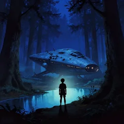 silhouette of a boy standing by a crashed alien spaceship in a dark fantasy redwood forest with ponds at dusk. perspective landscape fantasy science fiction. high contrast, strong shadows. deep colorful soft gradients, rich blue tones, dark background. by norman rockwell, eyvind earle, and moebius. sci - fi artstation