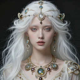 a beautiful white haired woman, adorned with precious stones by jeremy mann and alphonse mucha, dramatic lighting, ethereal, 4 k, high detail