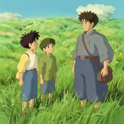 grass, boys, in the style of studio ghibli, j. c. leyendecker, greg rutkowski, gaston bussiere