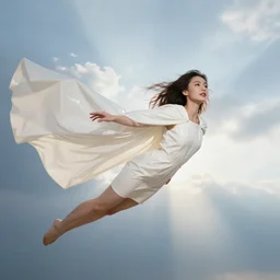 beautiful female model flying above skies wearing white latex cloak, god rays