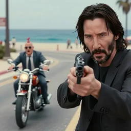 beautiful hyperrealism three point perspective film still of Keanu Reeves as neo aiming two uzi at agent smith in a nice oceanfront promenade motorcycle chase scene in Matrix meets tintin(1990) extreme closeup portrait in style of 1990s frontiers in translucent porclein miniature street photography seinen manga fashion edition,, tilt shift style scene background, soft lighting, Kodak Portra 400, cinematic style, telephoto by Emmanuel Lubezki