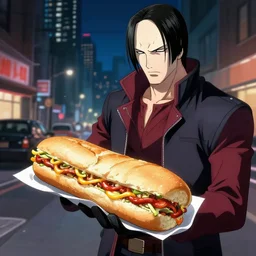 Albert Wesker ordering a five dollar foot long at subway, at night, in the city