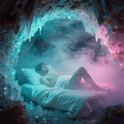 man in bed, cave with crystals, glitter, volumetric light, foggy, smokey, moody, kodak photography, cyan and pink light