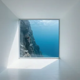 small white room with a glass wall overlooking a cliff, underwater, minimalistic architecture, modern architecture, underwater,