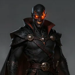 portrait of a male warlock in the darkness, black skin, fire eyes, evil grin, leather short robes, belts, high fantasy, dnd, face details, extremely detailed, smooth, sharp focus, digital illustration, by artgerm, rossdraws, sakimichan