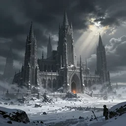 star wars concept art by greg rutkowski, a neogothic city in the middle of a snowy landscape, dark clouds, scarce rays of sunlight, enigmatic atmosphere, artstation hq.