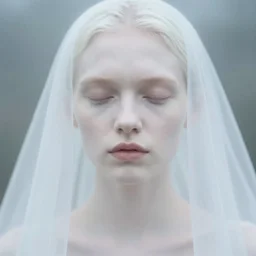 out of focus photorealistic portrait of a beautiful aesthetic pale woman by saul leiter, behind a white veil, very blurry, translucent white skin, closed eyes, foggy