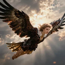 lady with a cheap eagle costume, long dark wings, flying
