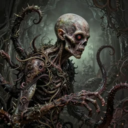 centered horrifying detailed side view profile portrait of a insane, crazy, crazed, mad old bald zombie, cthulhu, eldritch abomination, dunwitch horror, ornate tentacles growing around, ornamentation, thorns, vines, tentacles, elegant, beautifully soft lit, full frame, 8 k by wayne barlowe, peter mohrbacher, kelly mckernan, h r giger