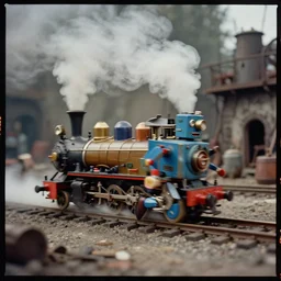 kodak portra 4 0 0, wetplate, muted colours, blueberry, action photography, 1 9 2 0 s, long shot, macro photo of a colourful robot that looks like edward scissorhands running a steamy steam engine on a steampunk junkyard, motion blur, tiny gaussian blur, depth of field