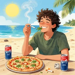 a detailed drawing of a happy person who smoked too much weed, sunny day at the beach. pizza and pepsi at his side, joint still lit.