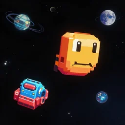pacman flying through space with galaga ship