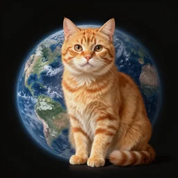 A fuzzy orange cat sitting on planet earth, digital painting, highly-detailed