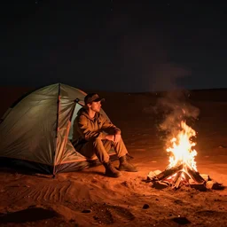 a man is camping on the surface of Mars, it is night and there is a small campfire next to his sleeping bag