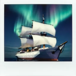 high detailed illustration, epic lowpoly seiner ship under beautiful northern lights, high contrast, kodak, polaroid, art by ellis dean, syd mead