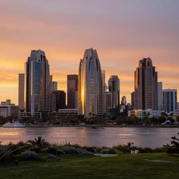 a beautiful photo of downtown San Diego at sunset