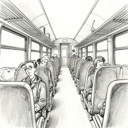 inside a dutch train, nostalgic, drawing by moebius