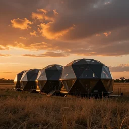 photo of an innovative living pods in a field at sunset, orange and black colour palette, geodesic generative structure design