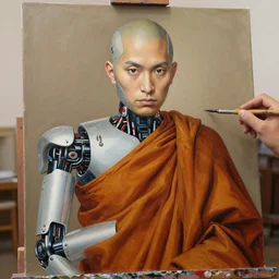 robot monk painting a self - portrait on a canvas. intricate, highly detailed, photorealistic, film still, by gustav kilmt.