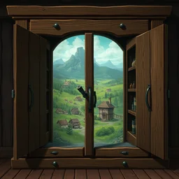 a heavy wood cupboard with intricate illustration of medieval countryside, prop concept, digital art, rpg illustration, trending on artstation