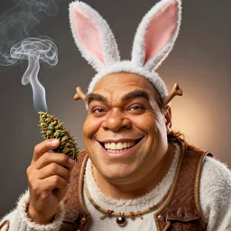 hyper realistic, portrait of a derpy mr. bean, big chungus, with bunny ears, shrek skin, smoking massive amounts of weed, big smile, buck teeth, by greg rutkowski, scott m fischer, artgerm, loish, slight glow, atmospheric, anne stokes, alexandros pyromallis, 4 k, 8 k