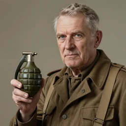 old man portrait, ww 2 hand grenade in his left hand, he pulling pin, greg rutkowski art