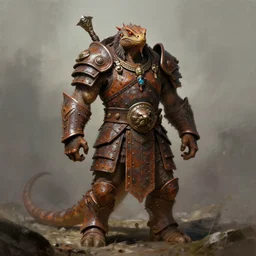 savage lizard chieftain, wearing tribal ornamented rust armor, full body concept, warhammer orc, beksinski, edward hopper art