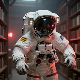 kodak portra 4 0 0, photographic and realistic, photorealistic, portrait close - up shot of space astronaut fly inside old high celling library, fog and gloomy red lights, highly detailed science fiction illustration by jeremy geddes. octane render, hyper detailed, 8 k, movie still, artstation, unreal engine,