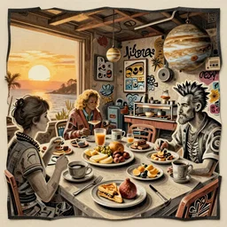 breakfast buffet at las pozas, graffiti by moebius, break of dawn on jupiter, punk, futuristic shabby chic, 1 9 7 0 cut out collage, thick outlines, high detail, golden light, realistic