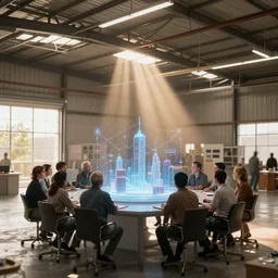 large group people in open warehouse, looking at hologram of futuristic city on a table, cinematic concept art, godrays, golden hour, natural sunlight, 4 k, clear details, tabletop model buildings, tabletop model, hologram center table, crane shot, crane shot, crane shot, vr users foreground