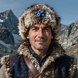 centered detailed portrait of blueberry, a fur trapper, background is the rocky mountains, single character, art by jean giraud and moebius, realistic, expressive emotions, intricate textures cold colours