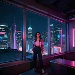 realistic vertical photo, girl in 7 0's retro club, editorial, fashion, neon - decorated urban on night in the city seen through window, realistic, modern design, vintage, night, blade runner, dark, clean lines, asian futuristic city at distance, big windows, octane, wide angle