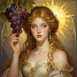 stunning goddess of wine portrait, sun, grapes, fantasy, intricate, elegant, highly detailed, digital painting, artstation, concept art, smooth, sharp focus, illustration, art by krenz cushart and artem demura and alphonse mucha