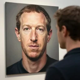 pavel durov looks at the wall at the portrait of mark zuckerberg, realism, 8 k detailed, soft light, depth of field, focus