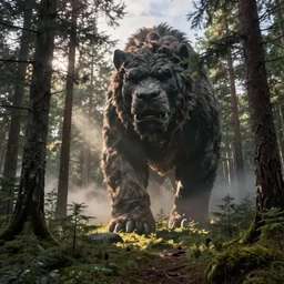 a large taiga with a massive monster walking into the taiga.