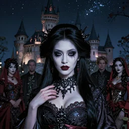 Portrait of a riveting Japanese vampire woman!, atmospheric lighting, gothic makeup, intricate, Transylvanian castle, volumetric lighting, beautiful, starlit sky, sharp focus, ultra-detailed, by Tom Bagshaw Leesha Hannigan, Ross Tran, Thierry Doizon, Kai Carpenter, Ignacio Fernández Ríos