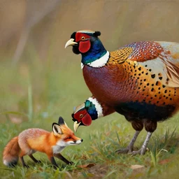A painting of a pheasant eating a fox