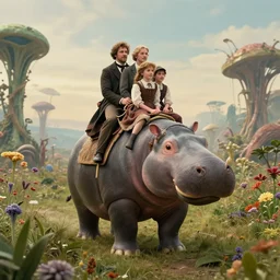 70mm still from a sci fi blockbuster movie made in 2022, set in 1860, of a family riding on the back of an alien hippo, on an alien planet, across an alien landscape that is full of strange wild alien plants and flowers, the family are wearing 1850s era clothes, cinematic lighting, 8k, in focus faces, good quality lighting, good quality photography, oscar winner
