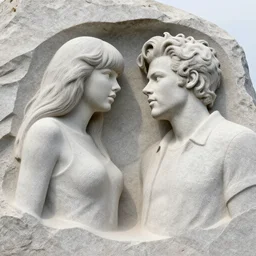 stone sculpture of taylor swift and a stone sculpture of harry styles carved on the side of a mountain