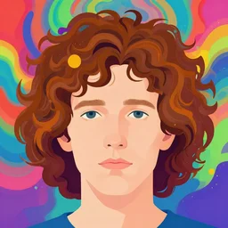 a colorful vibrant closeup portrait of a simple white caucasian man with curly mid length brown hair with a calm aesthetic face and dreaming psychedelic hair, by kawase hasui, moebius, edward hopper and james gilleard, zdzislaw beksinski, steven outram colorful flat surreal design, hd, 8 k, artstation