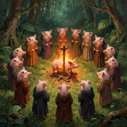 a group of pigs dressed in robes standing in a circle, burning a pig witch at the stake, view from above, mysterious jungle painting, elegant intricate digital painting artstation concept art by mark brooks and brad kunkle detailed