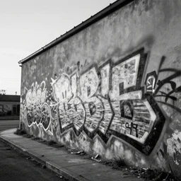 hyperrealistic rendering black and white graffiti bombing on very beautiful wall on the street, professional foto, 3 5 mm, sunset, cinematic lighting