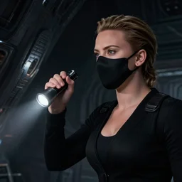 scarlett johansson, wearing half face mask, searching dark alien spaceship, holding a flashlight, black and white, pencil and ink manga, ridley scott, dramatic lighting